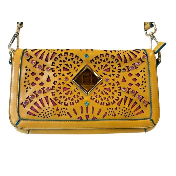 Nicole Lee Shoulder Handbag Purse Mustard Yellow Cut Out Rinestones Faux Leather - Picture 2 of 12